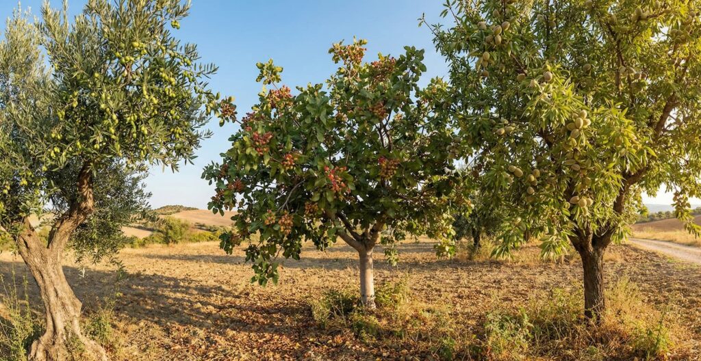 Vareador eléctrico Brumi Zenit trabajando en plantación de pistachos en La Mancha