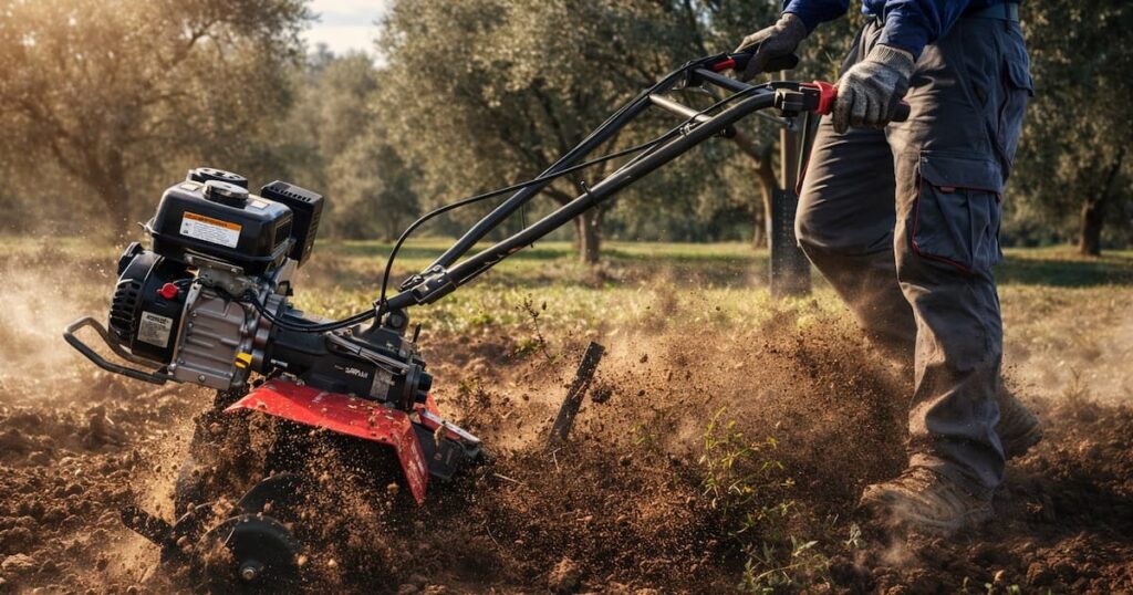 Motoazada profesional Brumi M2 con transmisión directa labrando tierra dura y seca en un olivar.
