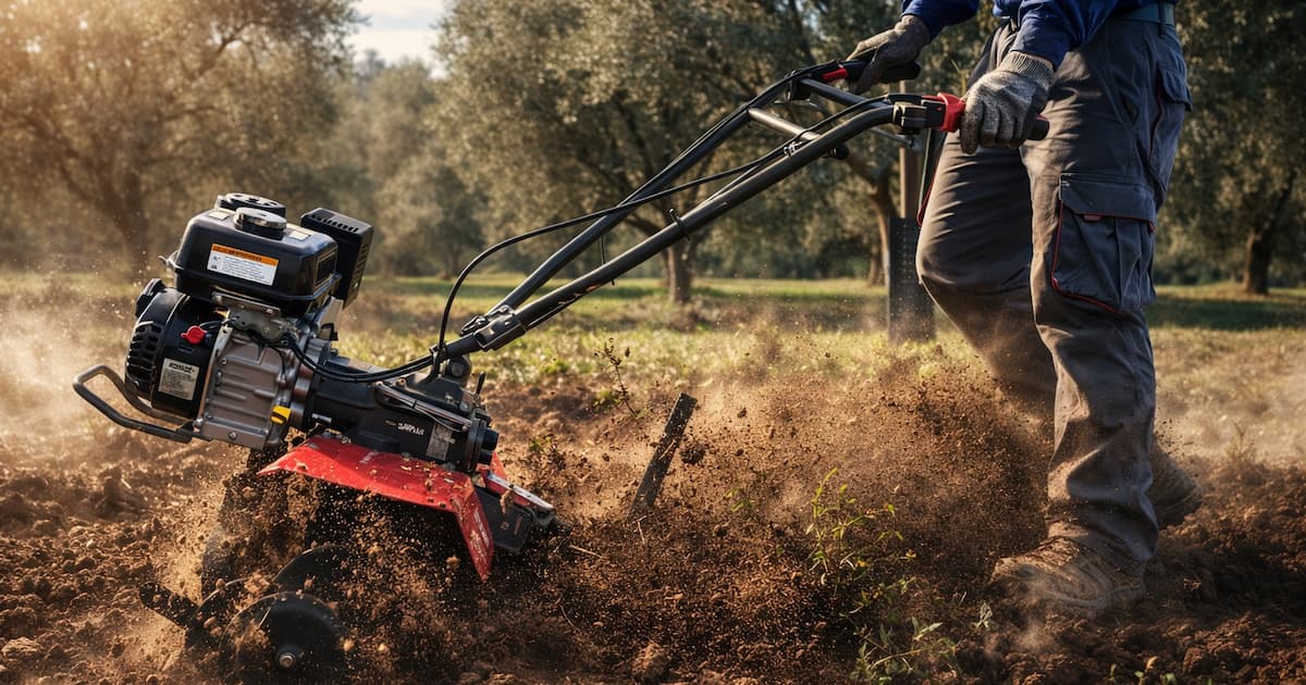 Motoazada profesional Brumi M2 con transmisión directa labrando tierra dura y seca en un olivar.