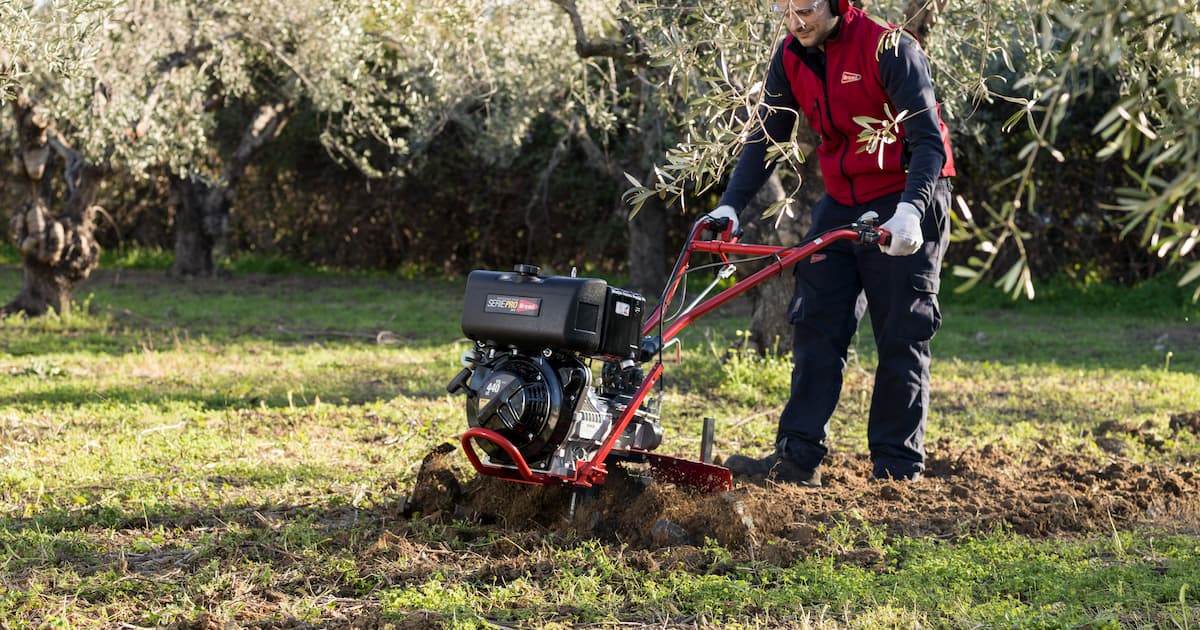 Motoazada profesional Brumi con transmisión por engranajes en baño de aceite trabajando en terreno agrícola