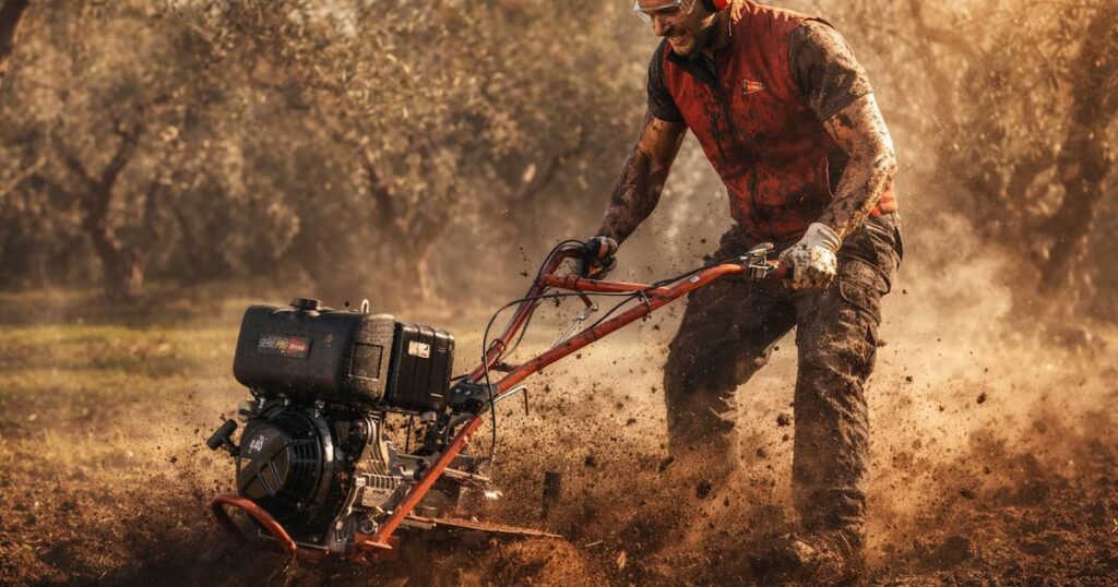 Agricultor trabajando con una motoazada profesional Brumi en un olivar mientras remueve tierra con gran potencia
