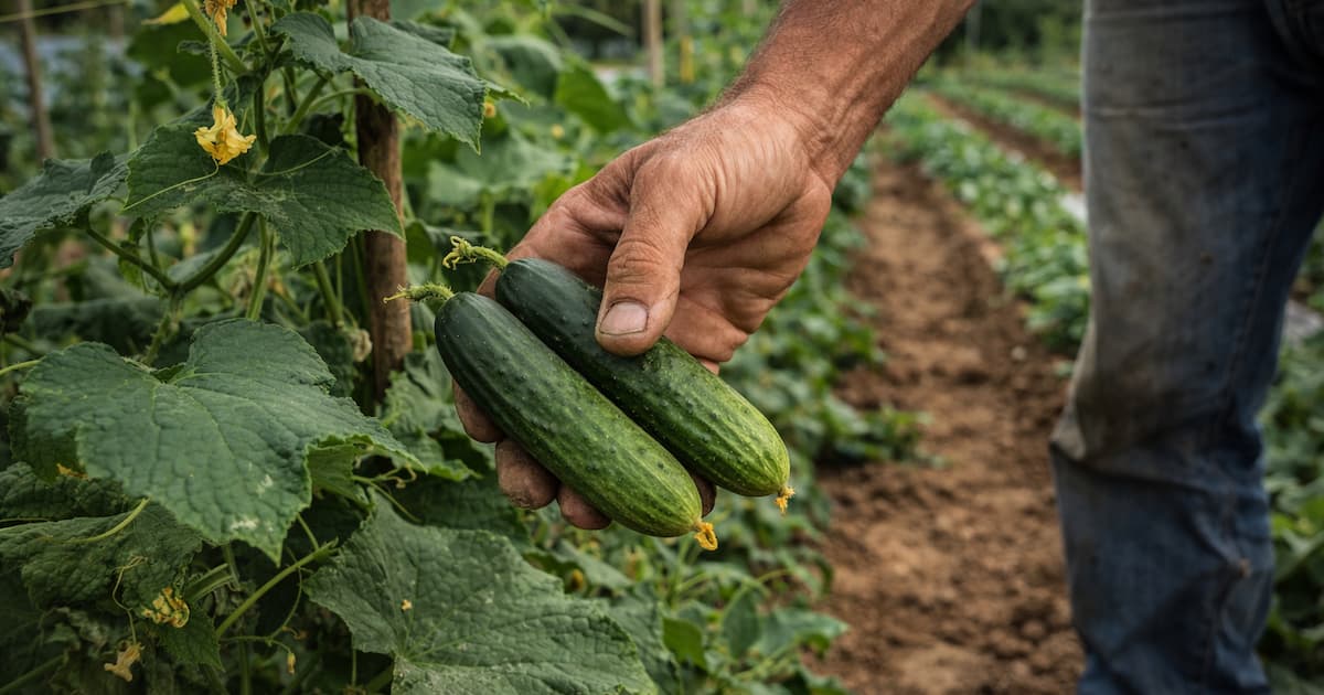 Agricultor profesional recolectando pepinos de calidad en una plantación a aire libre, mostrando el punto óptimo de maduración del fruto.