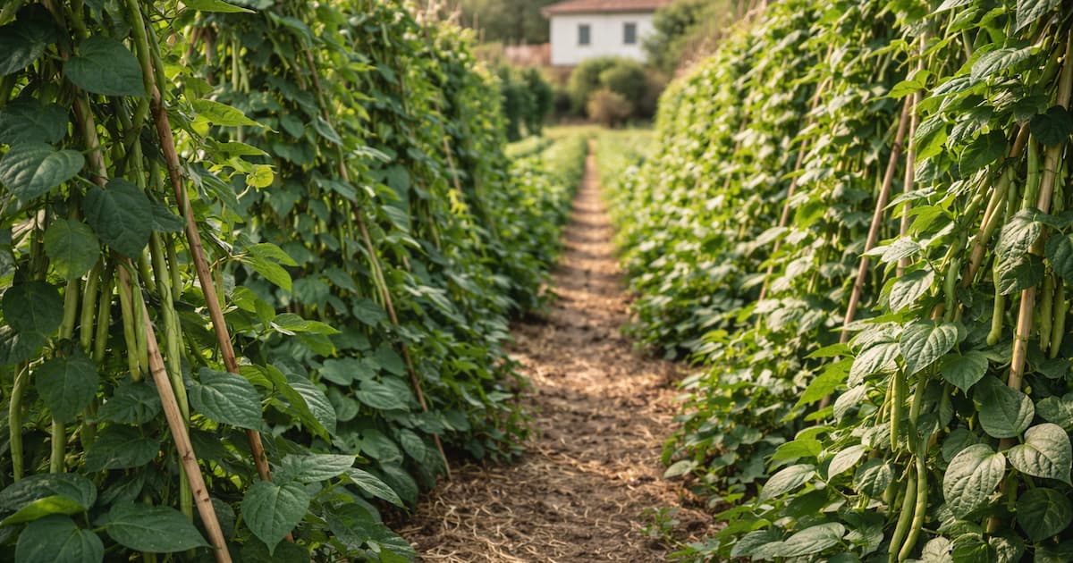 plantación de judía verde de enrame con cañas en huerta tradicional y cortijo al fondo
