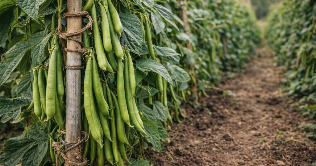 judías verdes creciendo en caña en una huerta, detalle en primer plano de las vainas listas para recolectar