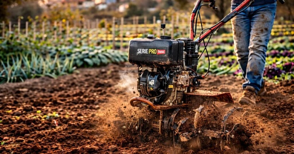 Motoazada diésel Serie PRO trabajando en un huerto, con la máquina cubierta de tierra mientras remueve suelo mostrando potencia y uso intensivo.