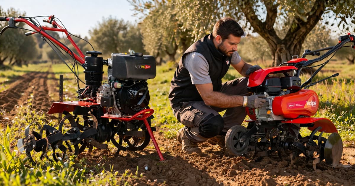 Comparativa de motoazada diésel Serie PRO y motoazada gasolina Volpe trabajando en un huerto con cultivos, mostrando diferencias entre potencia y versatilidad.