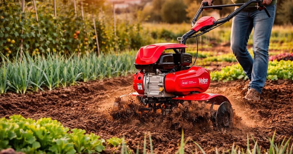 Motoazada de gasolina Volpe trabajando la tierra en un huerto con cultivos, removiendo suelo en un entorno agrícola real.