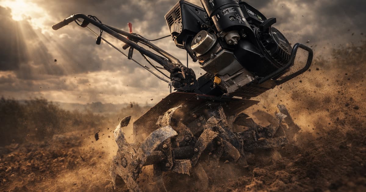 Motoazada trabajando en terreno duro y compactado en parcela agrícola