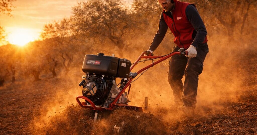 Motoazada removiendo la tierra en cultivo de olivos