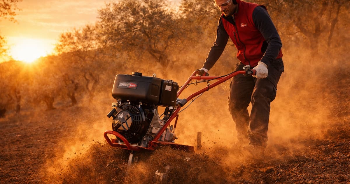 Motoazada removiendo la tierra en cultivo de olivos