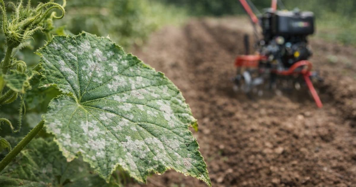Hoja de pepino con oidio en primer plano y motoazada trabajando al fondo en un surco limpio como medida de prevención agrícola