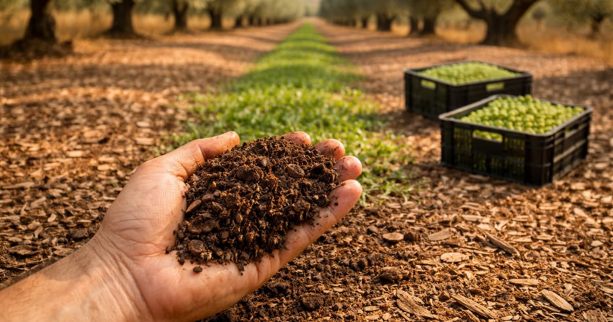 Mano sosteniendo suelo oscuro y fértil en un olivar con manejo regenerativo, cubierta vegetal y restos de poda triturados, representando la captura de carbono en agricultura sostenible.