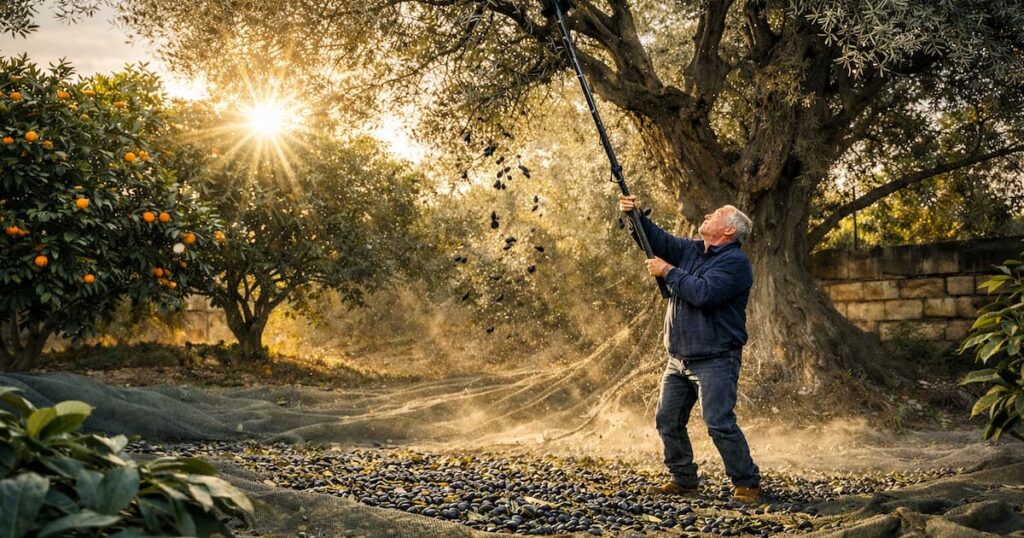 Vareador eléctrico Brumi Zenit XL trabajando en olivos altos en Órgiva (Granada)