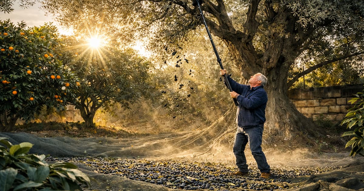 Vareador eléctrico Brumi Zenit XL trabajando en olivos altos en Órgiva (Granada)