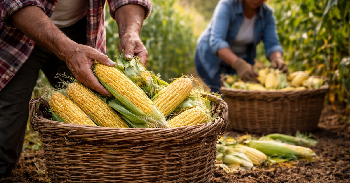 Recolección manual de maíz en campo con mazorcas frescas tras el cultivo