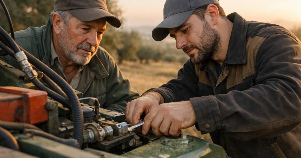 Relevo generacional en el campo con jóvenes agricultores y mecanización en explotación andaluza