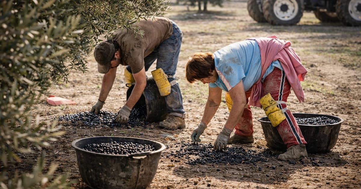 Trabajadores agrícolas recogiendo aceitunas en el suelo con ropa de trabajo sucia, reflejando el esfuerzo y los costes reales en la rentabilidad agrícola