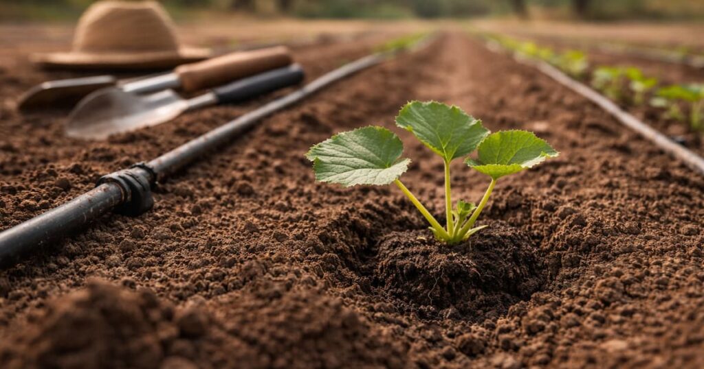 Plántulas de calabacín en marco de plantación con riego por goteo