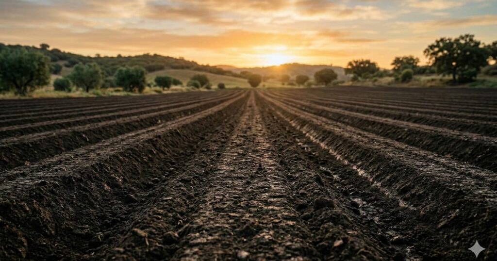 Detalle de terreno abonado y listo para sembrar calabacín