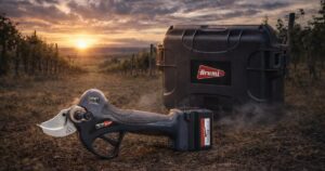 Tijera eléctrica de poda Brumi con maletín en un viñedo al atardecer, ideal para trabajos de poda profesional