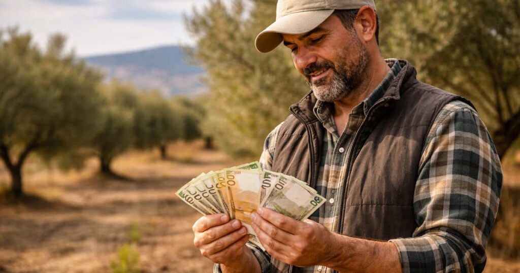 Agricultor sosteniendo billetes delante de un olivar tras las pérdidas provocadas por las borrascas y las ayudas de hasta 25.000 euros por explotación agrícola