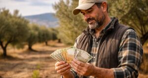 Agricultor sosteniendo billetes delante de un olivar tras las pérdidas provocadas por las borrascas y las ayudas de hasta 25.000 euros por explotación agrícola