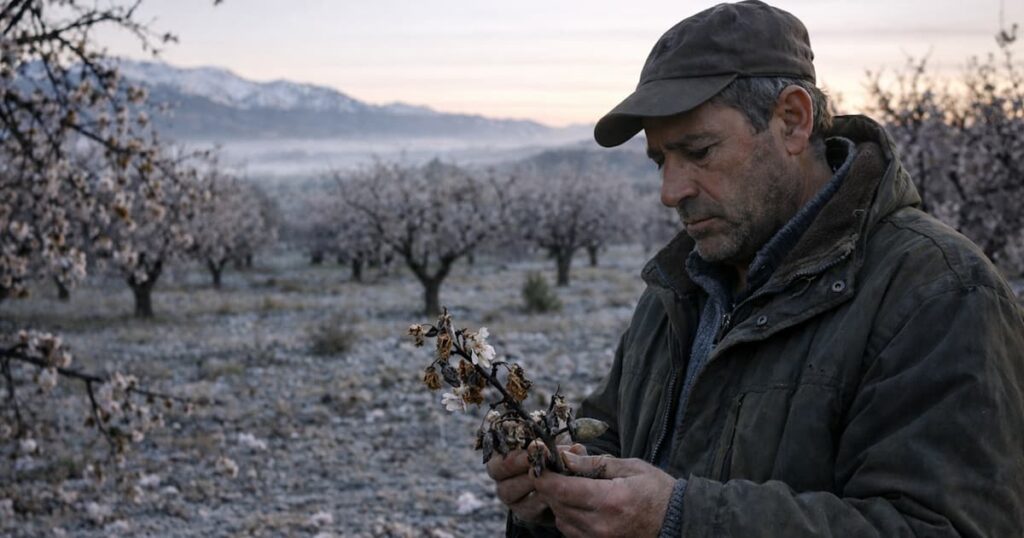 Agricultor observando daños por heladas tardías en un cultivo de almendro en Granada