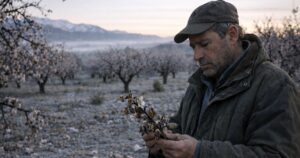 Agricultor observando daños por heladas tardías en un cultivo de almendro en Granada